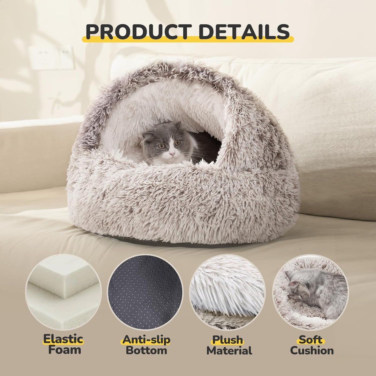Plush Hooded Cat Cave Bed – Fluffy Anti-Anxiety Pet Bed