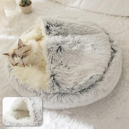 Plush Hooded Cat Cave Bed – Fluffy Anti-Anxiety Pet Bed