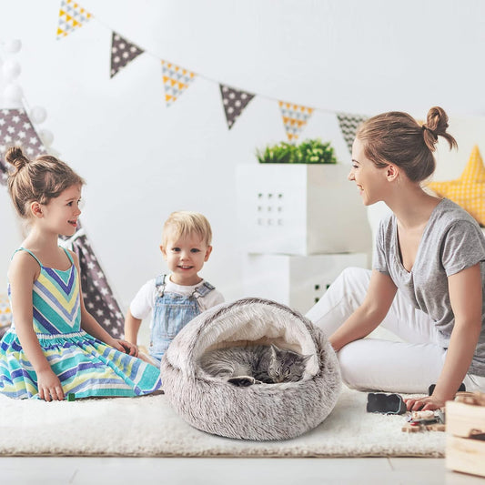 Plush Hooded Cat Cave Bed – Fluffy Anti-Anxiety Pet Bed