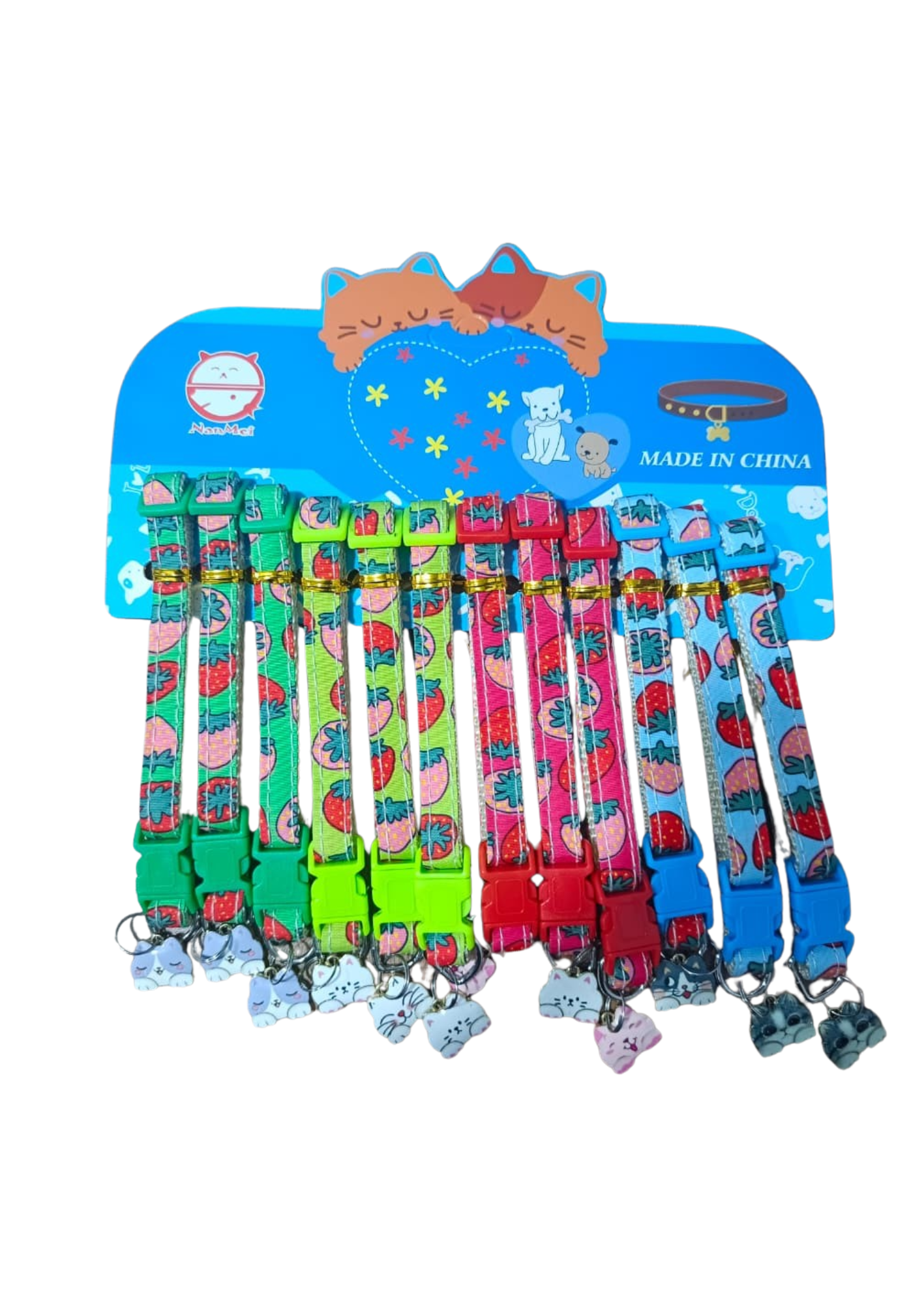 Cute adjustable cat collar with pendant featuring colorful fruit print design for kittens and adult cats.