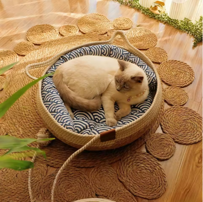Luxury Handcrafted Rattan Pet Bed with Cushioned Comfort