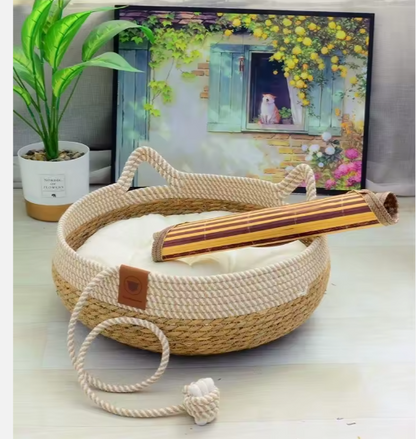 Luxury Handcrafted Rattan Pet Bed with Cushioned Comfort