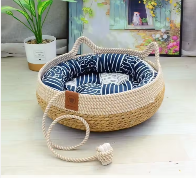 Luxury Handcrafted Rattan Pet Bed with Cushioned Comfort