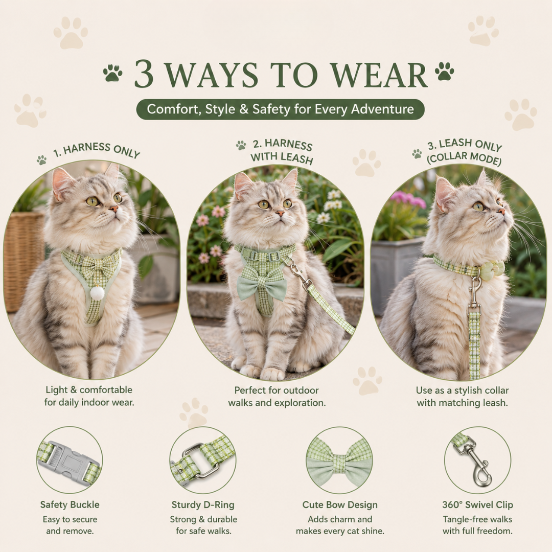 Showing 3 ways to Wear 
Cat Harness & Leash